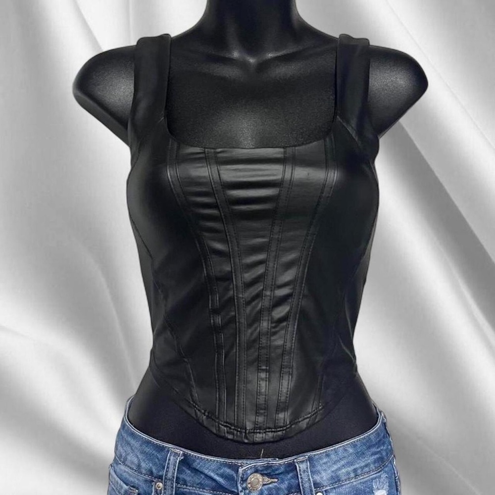 F21 Black Faux Leather Gothic Corset Tank